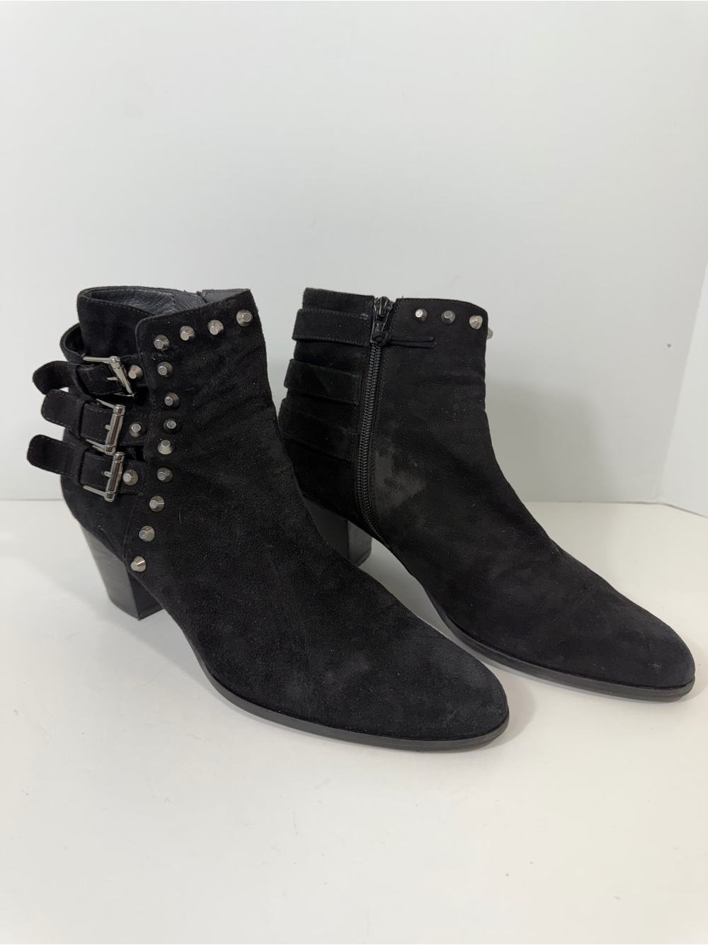 Stuart Weitzman Black Suede Studded Triple Buckle Ankle Boots Size 8.5